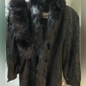 Black Fox and Leather Long Coat w/ Matching Fox Headband .
